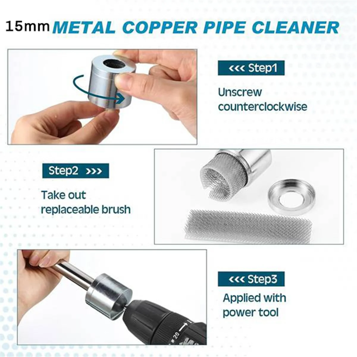 15mm Metal Copper Pipe Cleaner with Double Head Copper Tubing Brushes Cleaning Brush for Power Drill for Plumbing