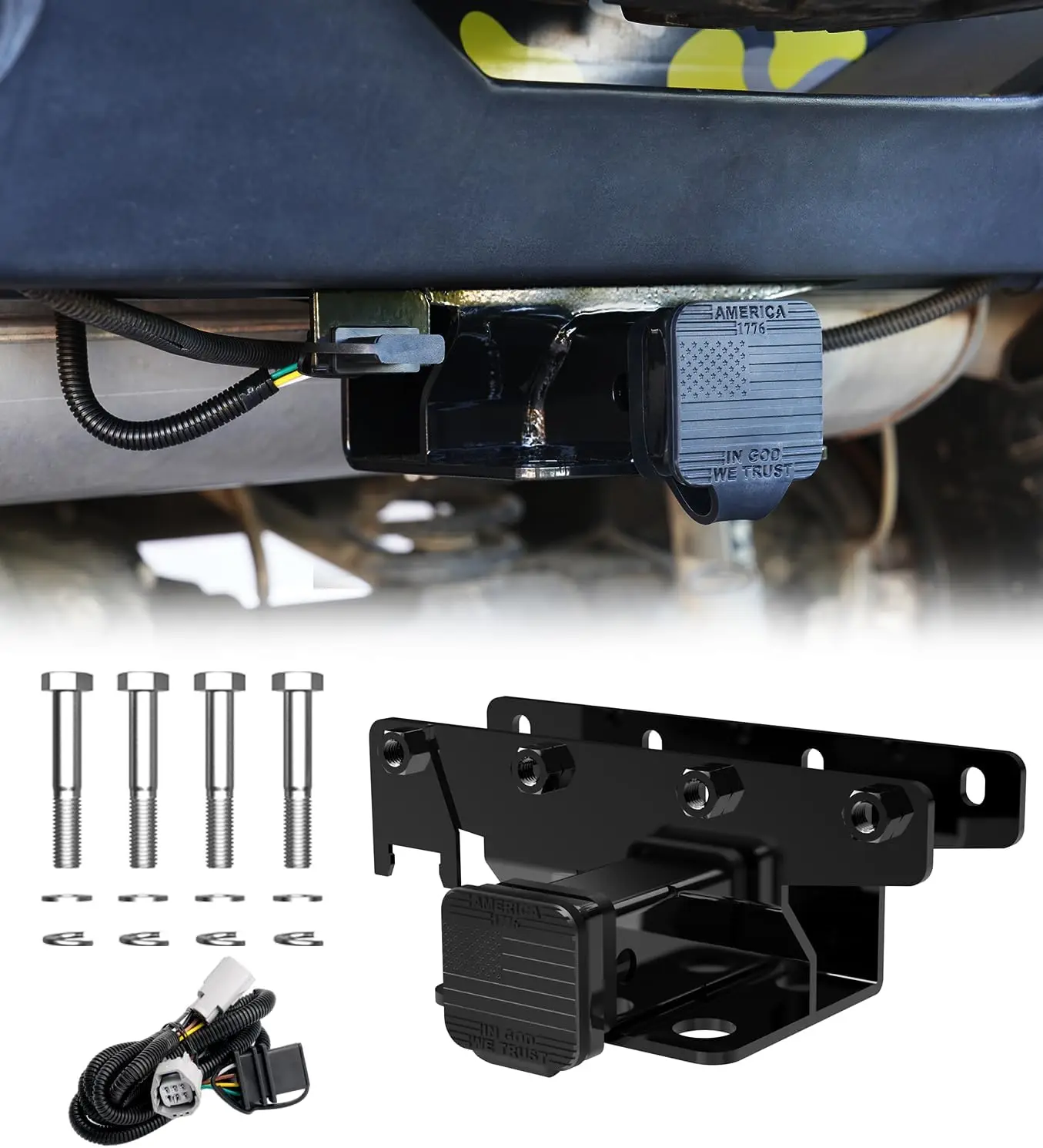 Tow Hitch for 2007-2018 Jeep Wrangler JK JKU, Steel Material, Black Color, Comes with 4-Pin Wiring Harness & Hitch Cover