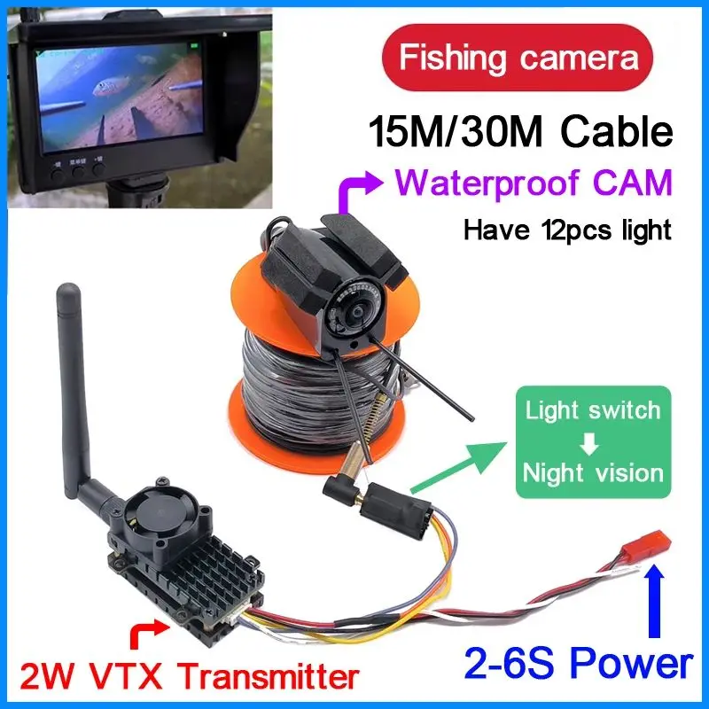 Subacquea a lungo raggio 195 °   La telecamera da pesca impermeabile con visione notturna 15/30 m con trasmettitore vtx da 2000 mW e display da 4,3 pollici