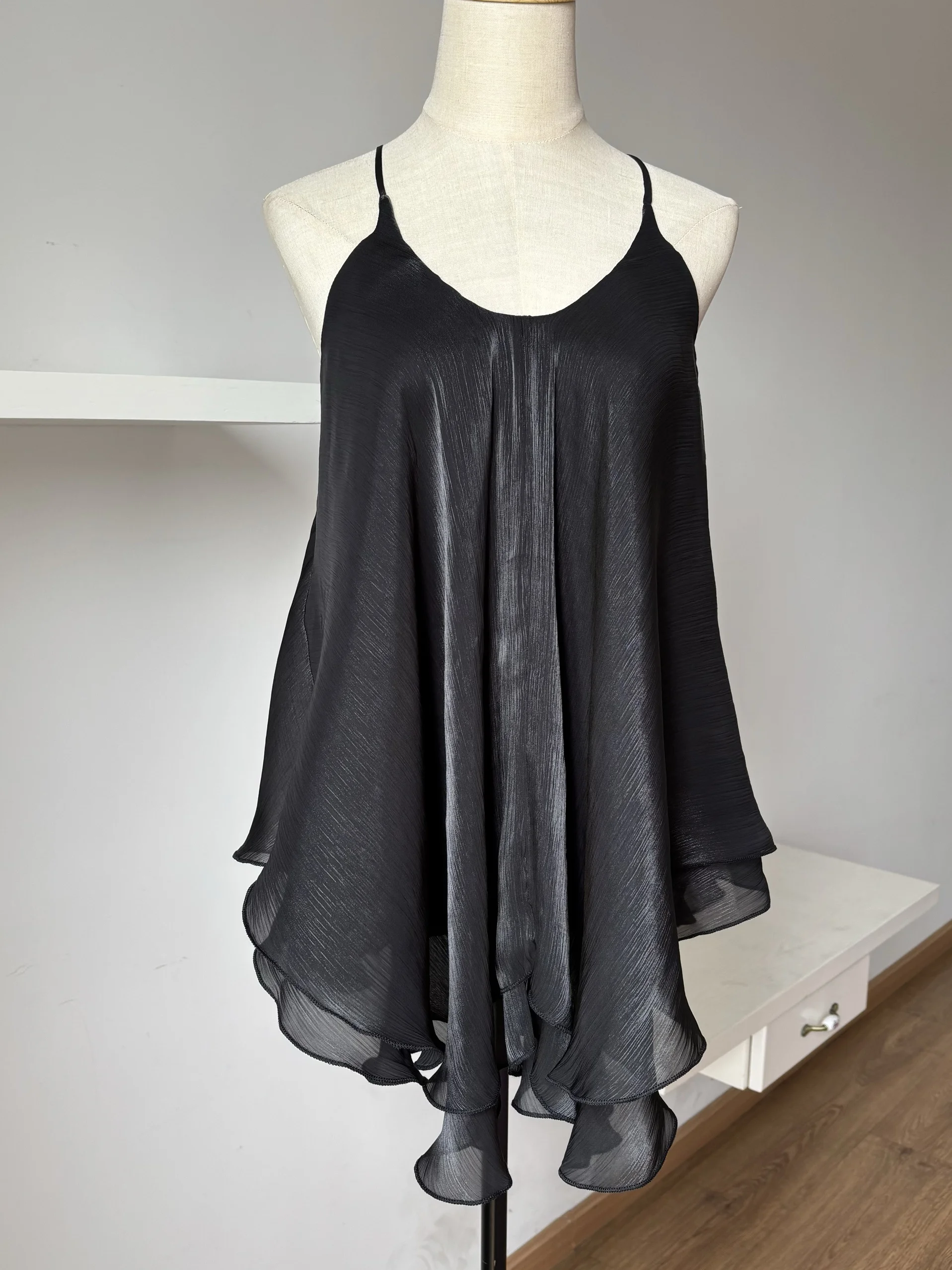 

Ele двухслойный шифоновый жилет на бретельках, летний свободный женский топ трапециевидной формы с воланами, повседневный удобный дышащий топ