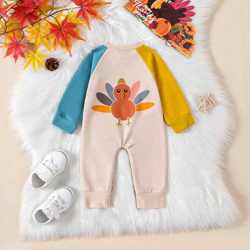 Omkzanbi My First Thanksgiving Day Baby Girl Boy Outfit Gobble Jumpsuit Turkey Romper Long Sleeve  Infant Fall Bodysuit