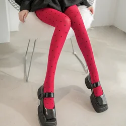 Women's Polka Dot Pantyhose Lolita Heart Printed Tights Female Wine red JK Sweet Long Sock Velvet Elastic Comfortable Leggings