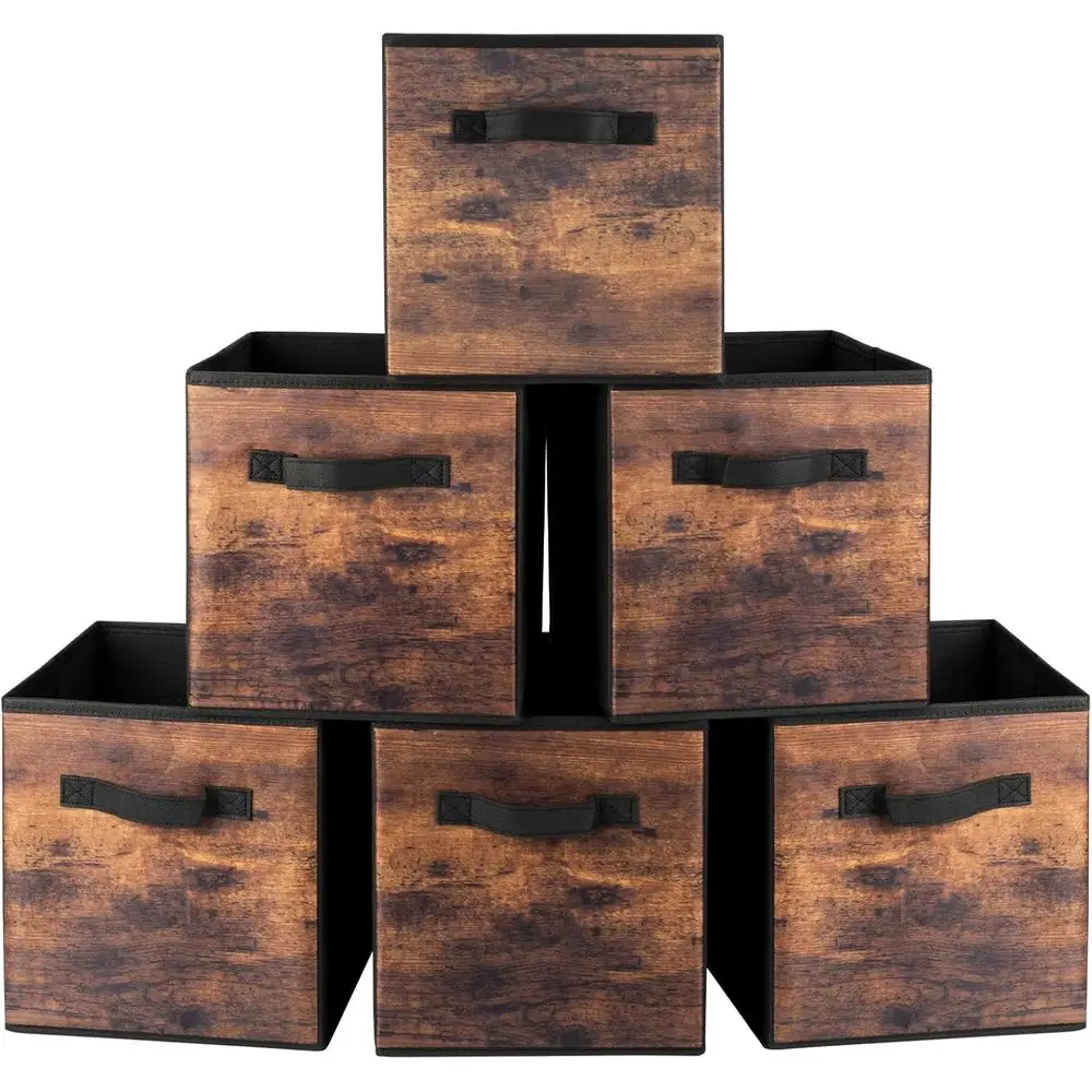 

6-Pack Foldable Fabric Storage Cubes with Handles, 11-Inch Organizer Baskets for Closets, Shelves, in Brown and Black