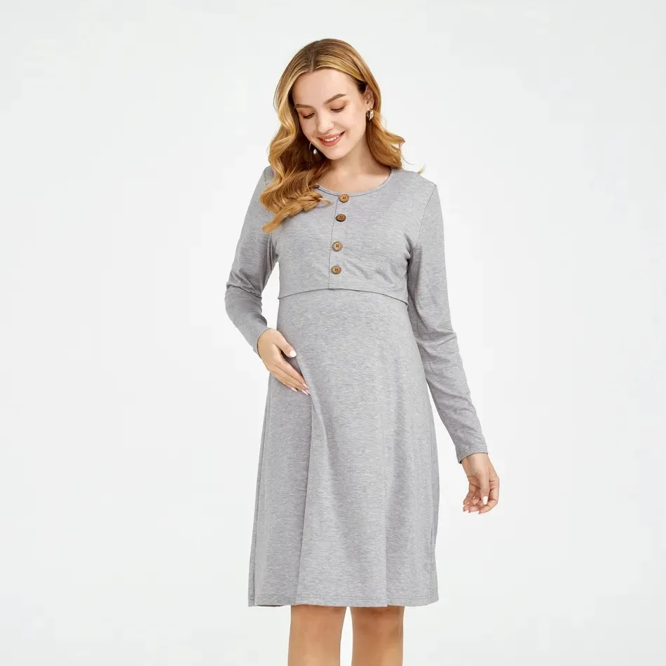 

Maternity Simple Nursing Dress Loose Fit High Waisted Long Sleeve O-Neck Gary Pregnancy Dress for Spring & Autumn