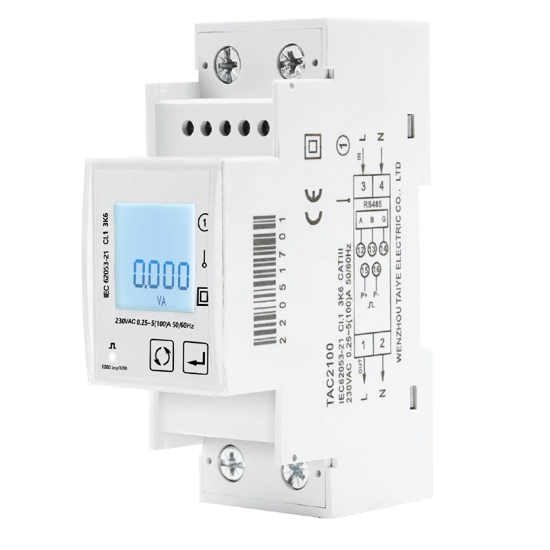 220v Power Single Phase Digital Din Rail Wattmeter Ammeter Voltmeter KwH RS485 MODBUS Electric Consumption Meter TAC2100