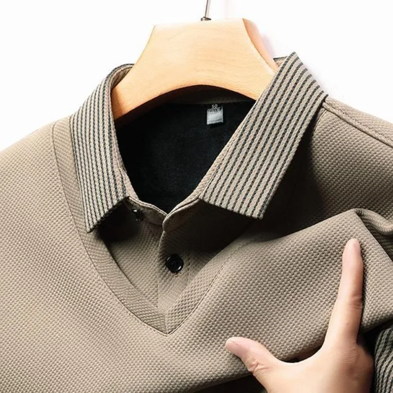 

Men's Plush Sweater Fashion Turn-Down Collar Patchwork Striped Long Sleeves Fleece Thick Polo Sweaters Warm Knitwear Pullover