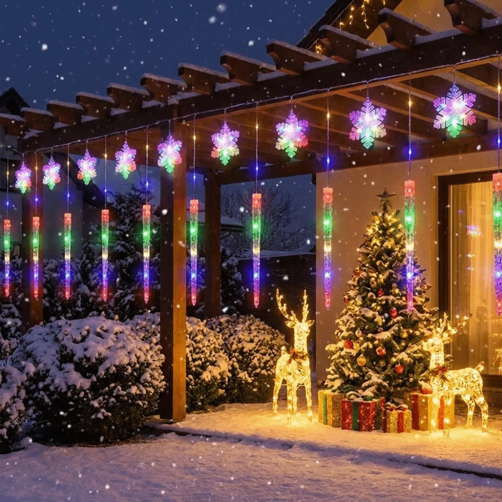 Icicle and Snowflake Shapes Christmas LED Curtain Lights Romantic Waterproof Xmas String Lights 8 Modes USB Powered