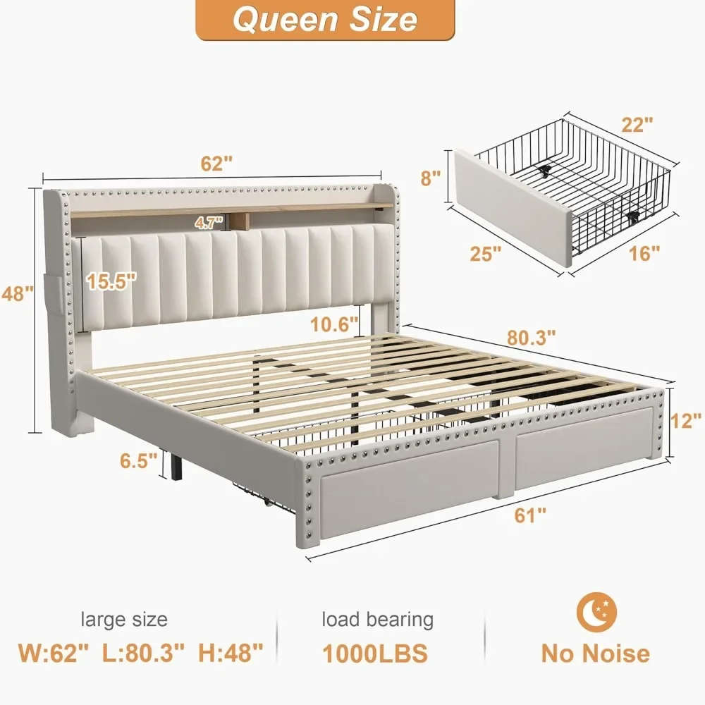 Queen Bed Frame with Headboard and Storage, Upholstered Queen Bed Frame with Storage, Queen Size Bed Frame with 2 Drawers