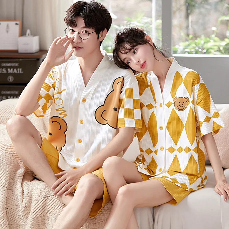 Japan Kimono Cartoon Couples Sleepwear Cotton Mens Women Summer Short Pajamas Set Loungewear for Young Girl Boy Home Clothes