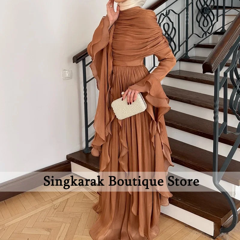 

Customized A-line Evening Dresses Floor-length High-neck Full Sleeve Prom Gown Fsahion Stole Simple Draped Casual Party Gown