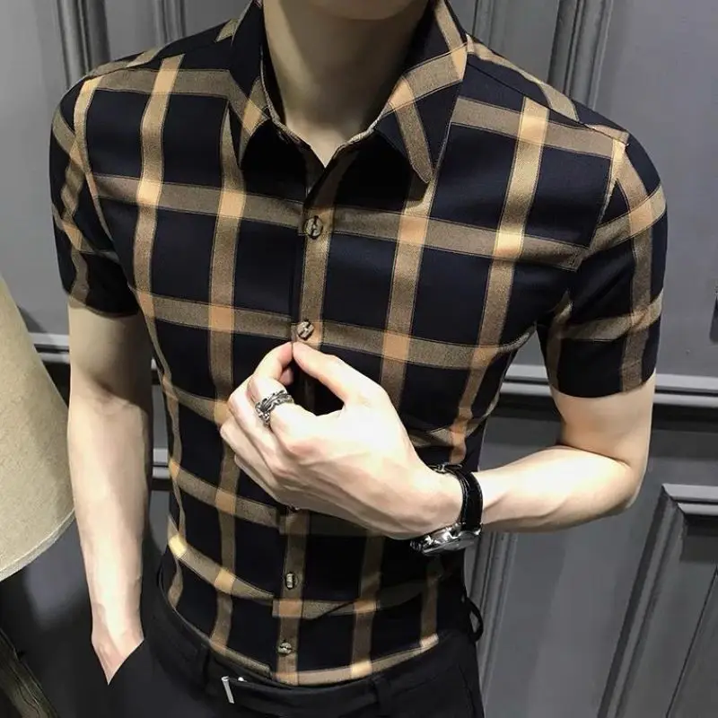 Summer Fashion Trend Casual Business Versatile Lapel Plaid Print Slim Fit Short Sleeved Men\'s Oversized Single Breasted Shirt