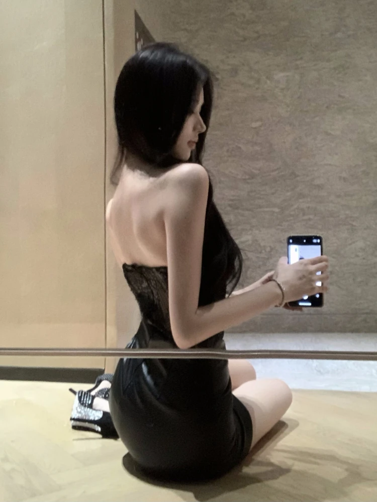 Foamlina elegante mouwloze strapless jurk voor dames, sexy zwarte doorzichtige mesh patchwork slanke mini-nachtclubjurk met ruches