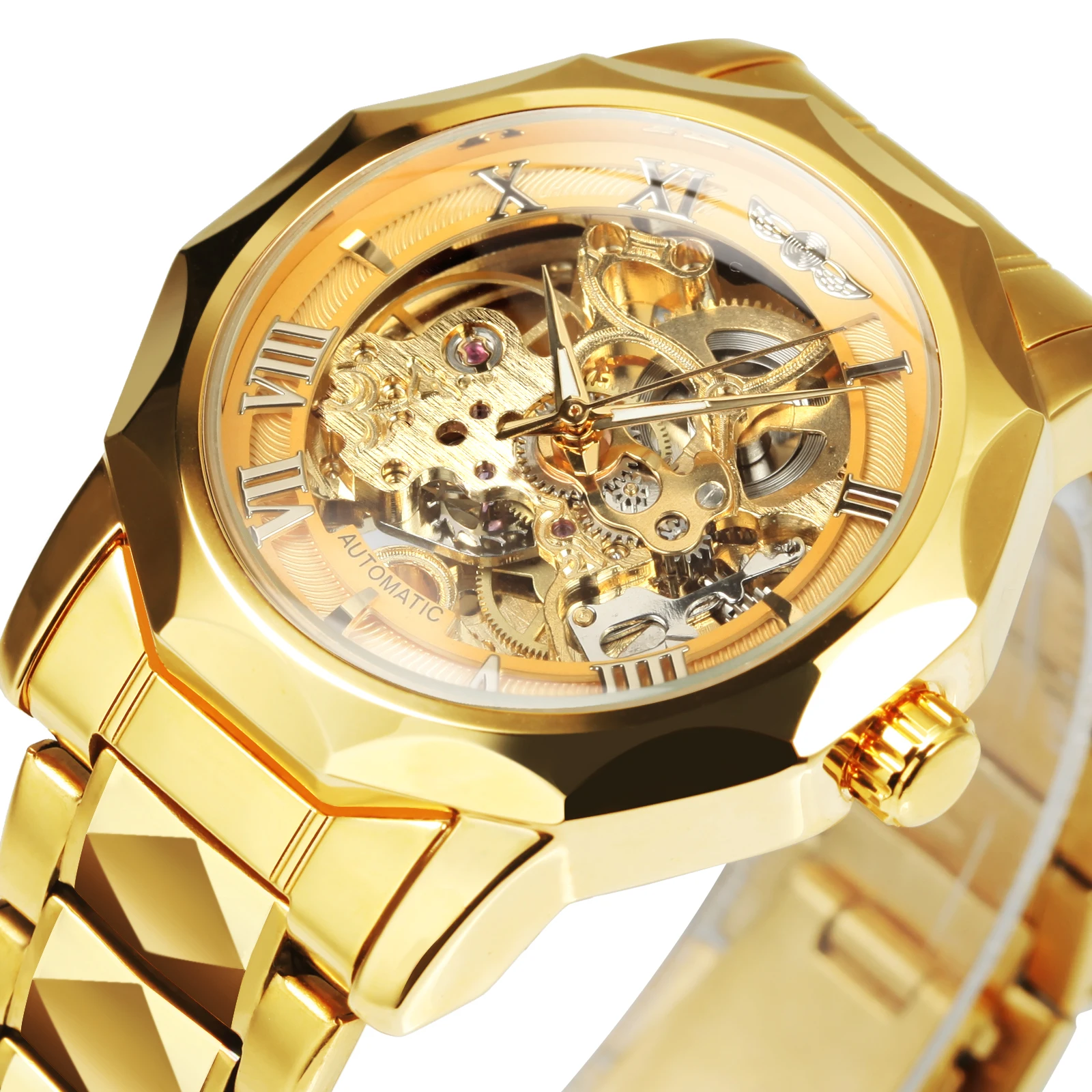 WINNER Luxury Dodecagon Skeleton Automatic Mechanical Watches for Men Luminous Carved Movement Stainless Steel Strap Gold Watch