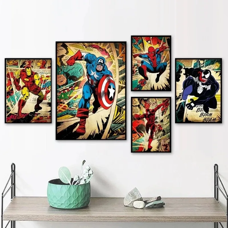 

Marvel Anime Superhero Spider-Man Poster Waterproof Wall Art The Avengers Movie Posters for Living Bedroom Retro Room Decor Gift