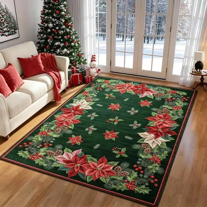 VIKAMA Christmas Poinsettia Pine Cone Large Area Rug Green Festive Floor Carpet for Living Room Indoor Xmas Home Decoration