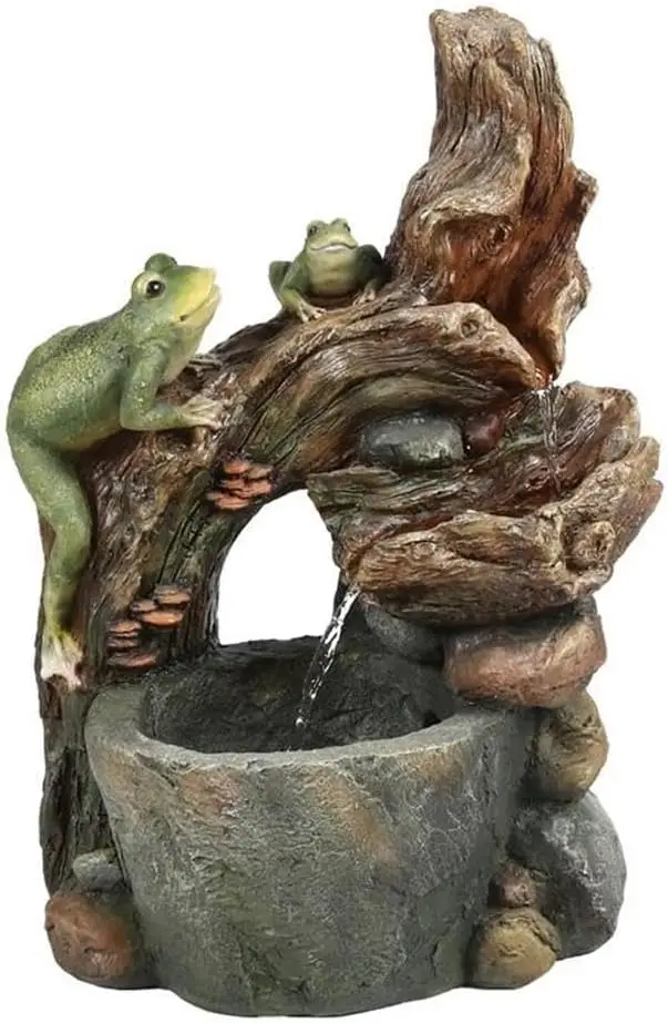 3 Tiered Resin Frogs and Tree Outdoor Fountain, Waterfall Fountain Decor for Garden Patio Court Backyard Decking 25 inch, Green