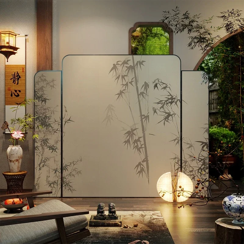 New Chinese ink bamboo living room partition folded and movable, tea room background