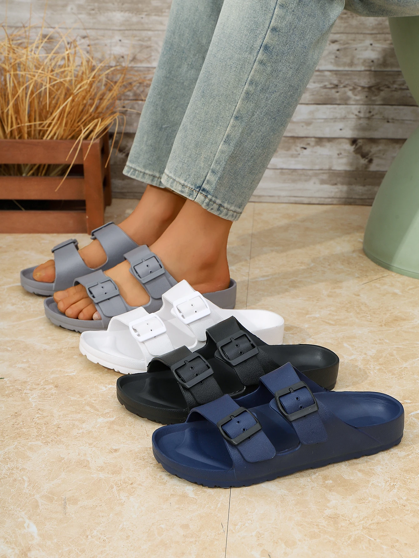 

Teen Mules New Summer Casual Slip-On Slippers Eva One-Piece Molded Double-Strap Half-Slip Flat Slippers with Adjustable Buckle