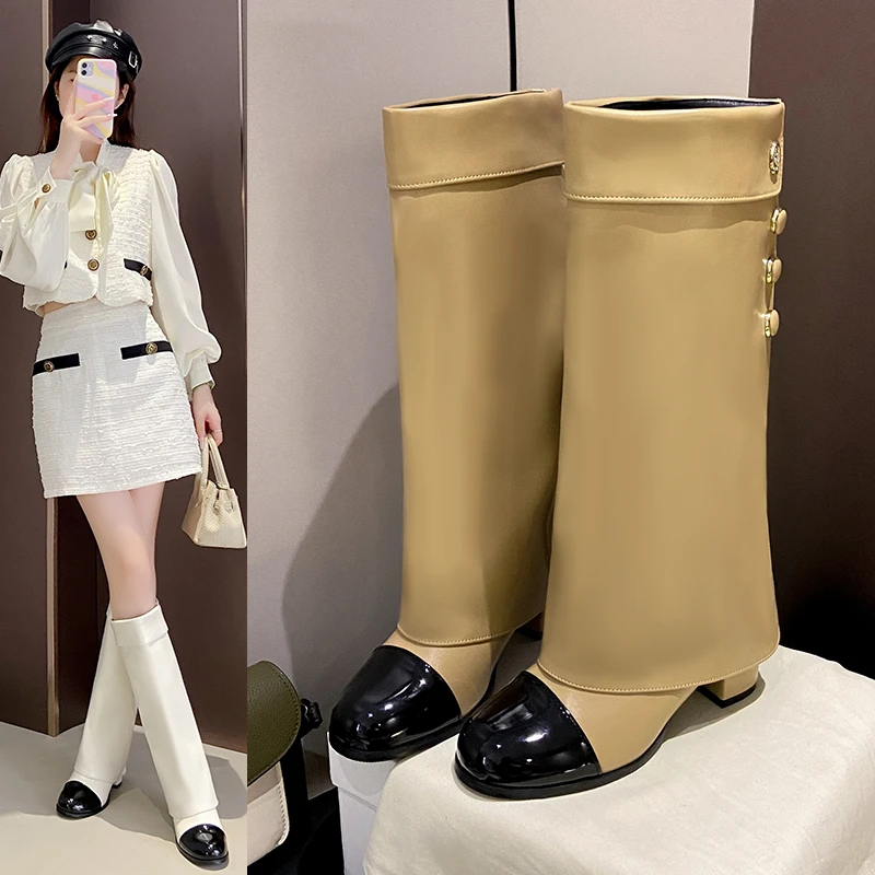 Women Knee‑High Boots Fold Over Cuff Decor Buttons Block Heel Round Toe Slip‑On Elegant Vintage Ladies Daily Party Footwear