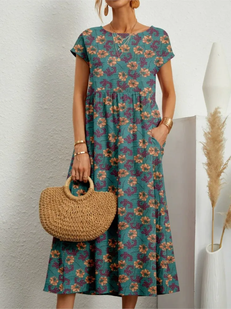 

Summer New Arrival Women's Leisure Fashion Dresses O-neck Short Sleeve Elegant Dress Fashion Boho Combination Vintage Long Dress
