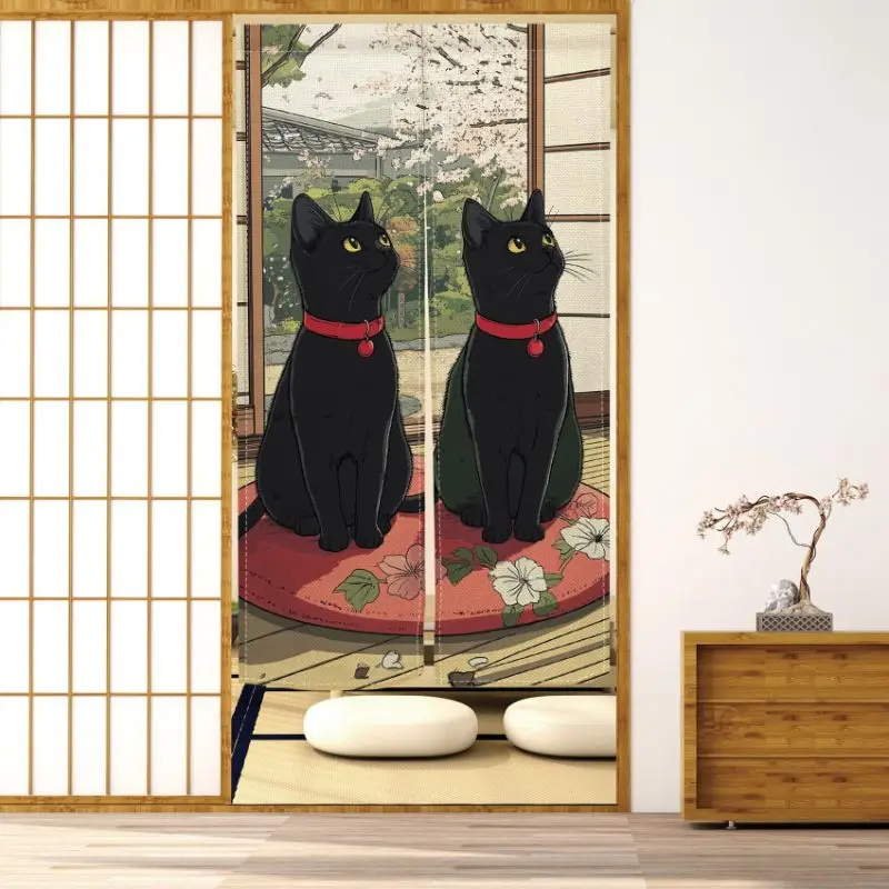 Japanese Style Noren Curtain Cute Black Cat Half Door Partition For Bedroom Kitchen Entrance Japanese Home Decor