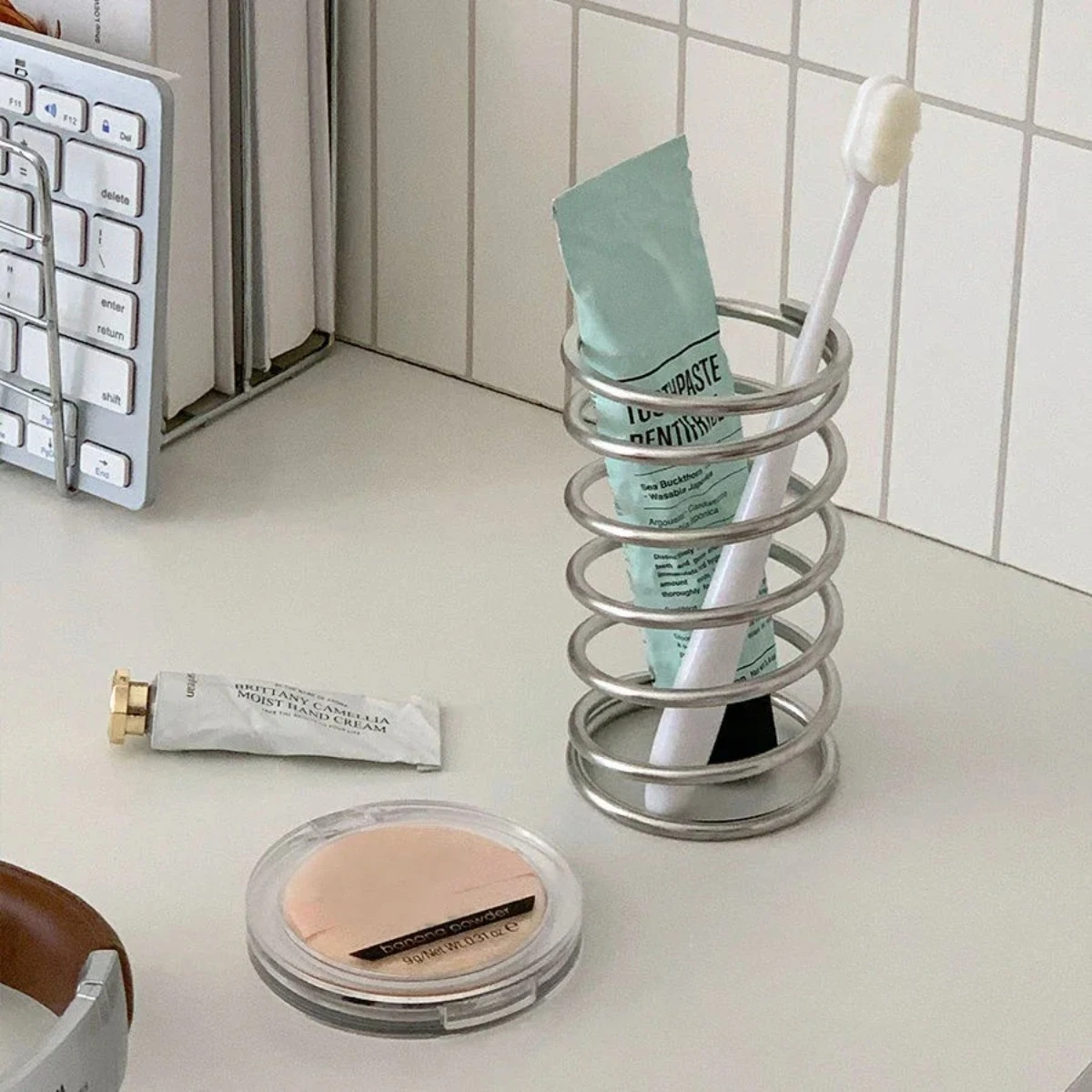 Image of Zahnbürstenhalter aus Metall, Organizer aus Edelstahl, Badezimmer-Aufbewahrung, Zahnpasta, Make-up-Pinsel, Verwendung für Heimdekorationszubehör