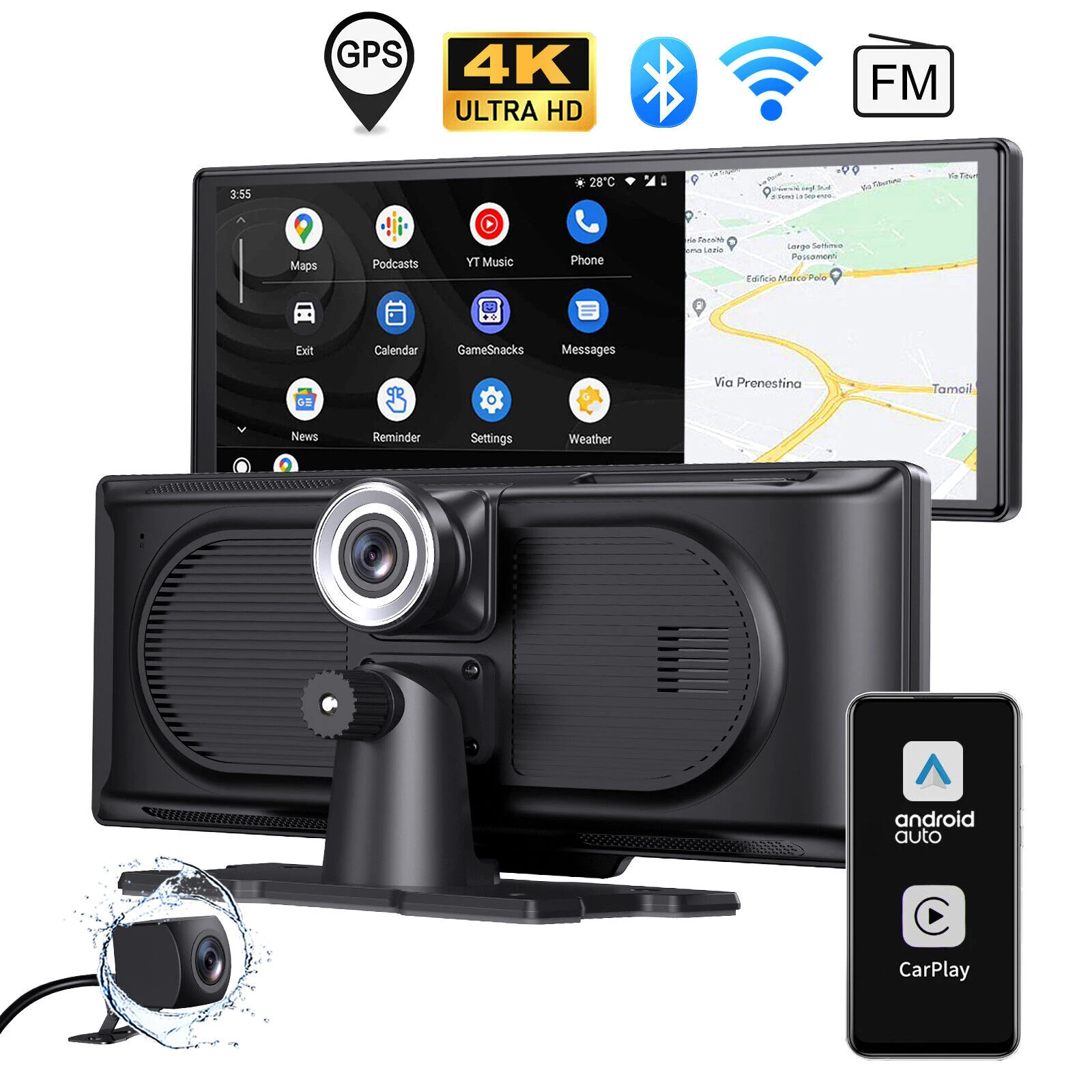 

Car Dash Cam 10.26 Inch Touch Screen 4K Car Portable Wireless CarPlay Android Car Radio Multimedia Player GPS dual lens Dash