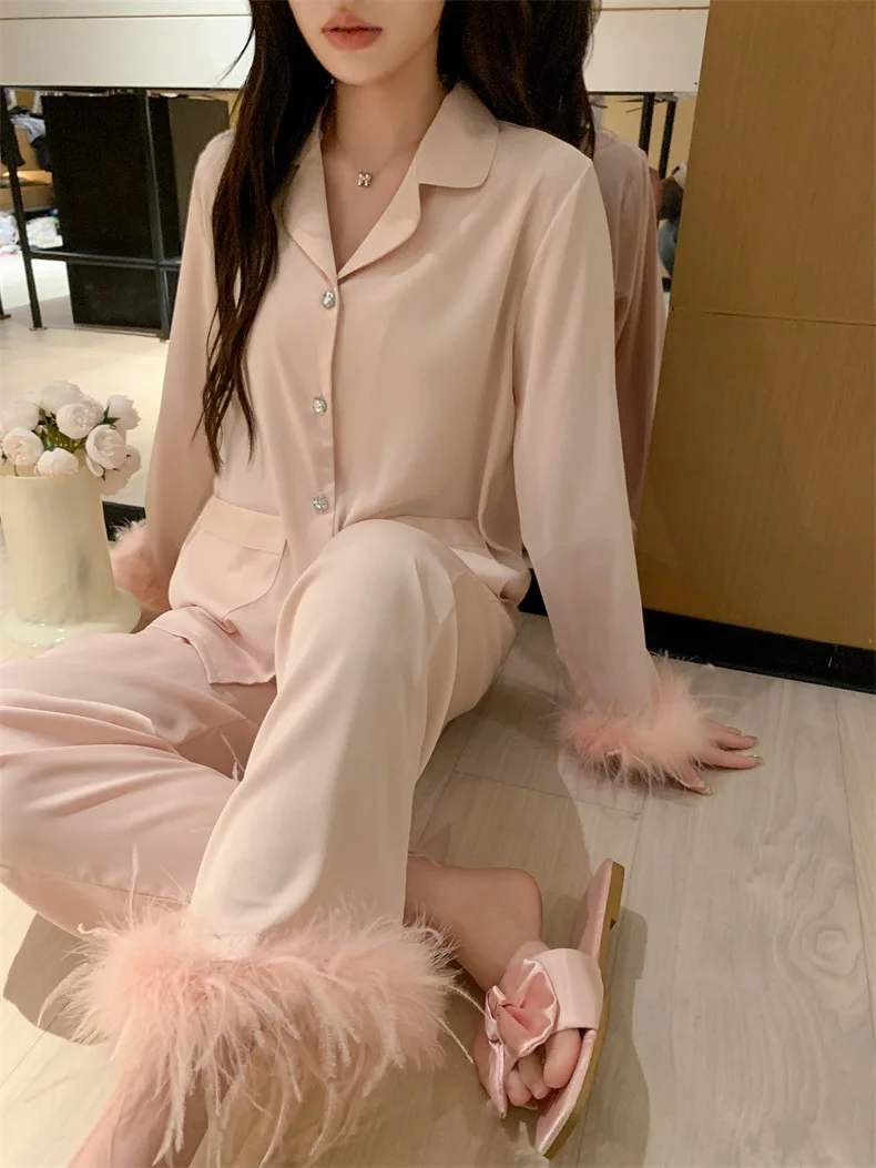 Pink Feather Pyjamas Set Lady Luxury Satin Home Clothes Spring Summer New Nightwear Long Sleeve Shirt&pants Women Trousers Set