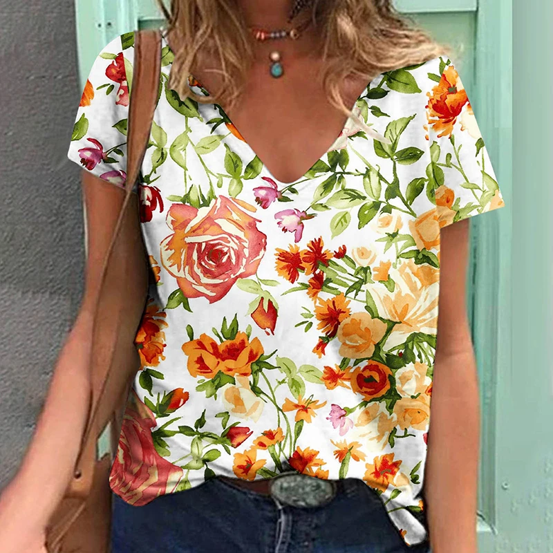 Plant Flower Floral 3D Print T-shirts Women V-Neck T Shirt Short Sleeve Y2k Top Harajuku Streetwear Oversized Tee Girl Clothing