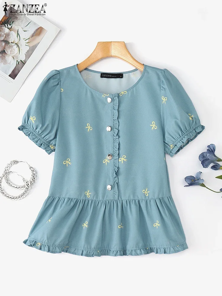 ZANZEA قمصان نسائية كورية مطبوعة بفيونكة تونك أزرار 2025 بلوزات صيفية بأكمام قصيرة مكشكشة بلوزات أنيقة غير رسمية #4