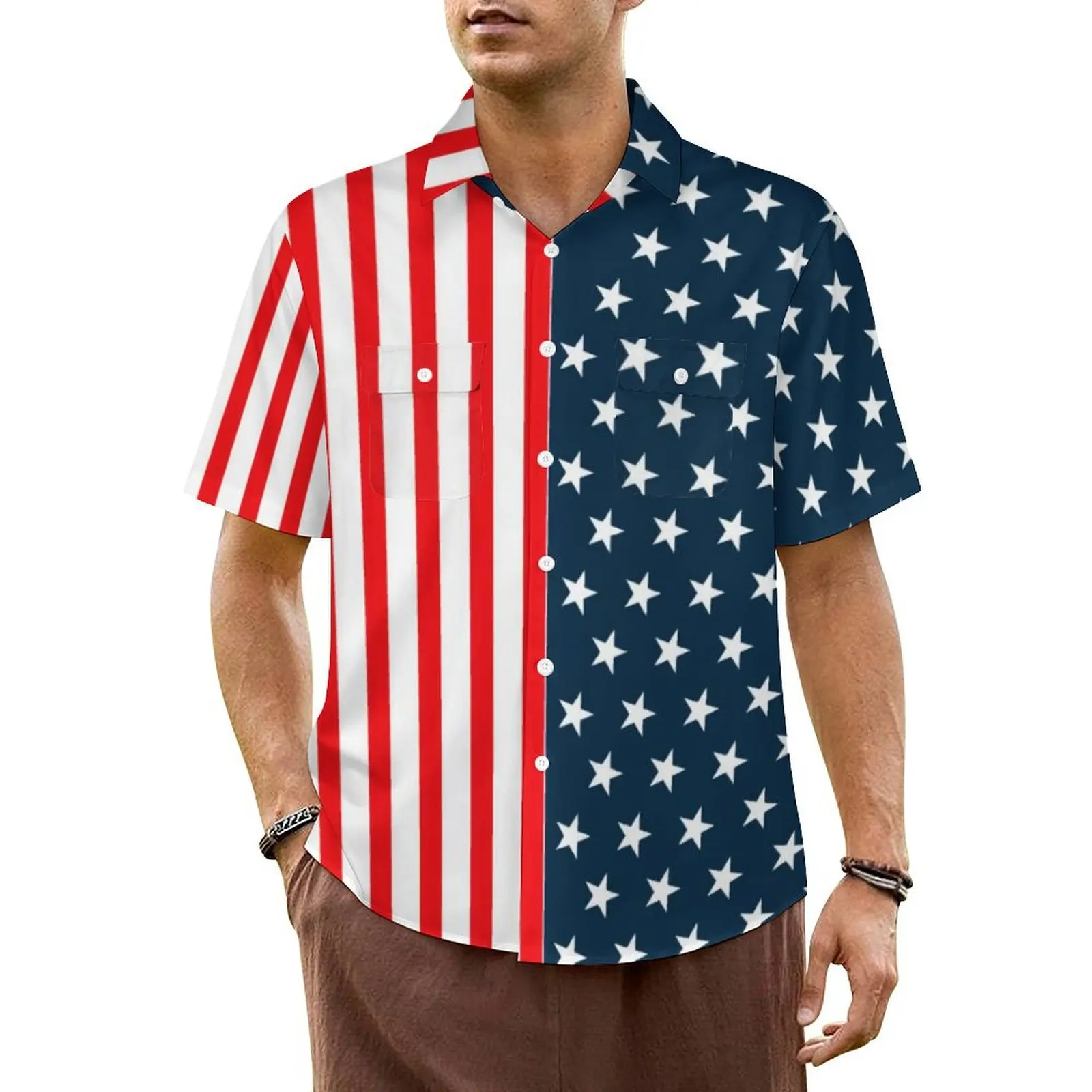 

American USA Flag Print Beach Shirt Stars And Stripes Hawaiian Casual Shirts Man Vintage Blouses Short Sleeve Stylish Custom Top