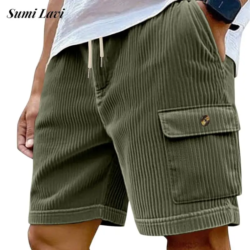 

Винтажные вельветовые шорты с несколькими карманами, мужские весенне-летние модные однотонные свободные прямые шорты-карго, повседневные мужские короткие брюки