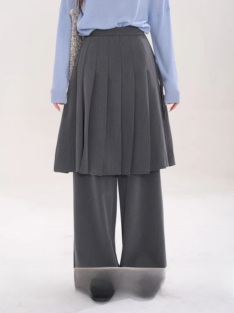 

Spring High Waist Straight Leg Pants Women's Design Sense Splicing Pleated Skirt Pants Casual Pure Color Polyester Blend