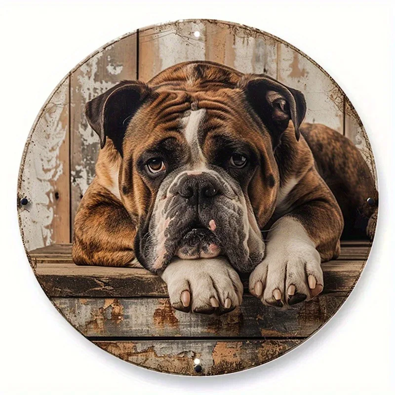 

Spring Aluminum Metal Sign Faux Woodblock Print Circular Wreath Sign Dormitory Decoration Gifts, Bulldog Themed Decoration