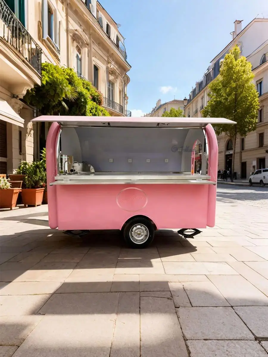 

Outdoor Food Trailer Pink Painted round Cute Shape High Recognition Street Food Stand Catering Business Mobile Kitchen