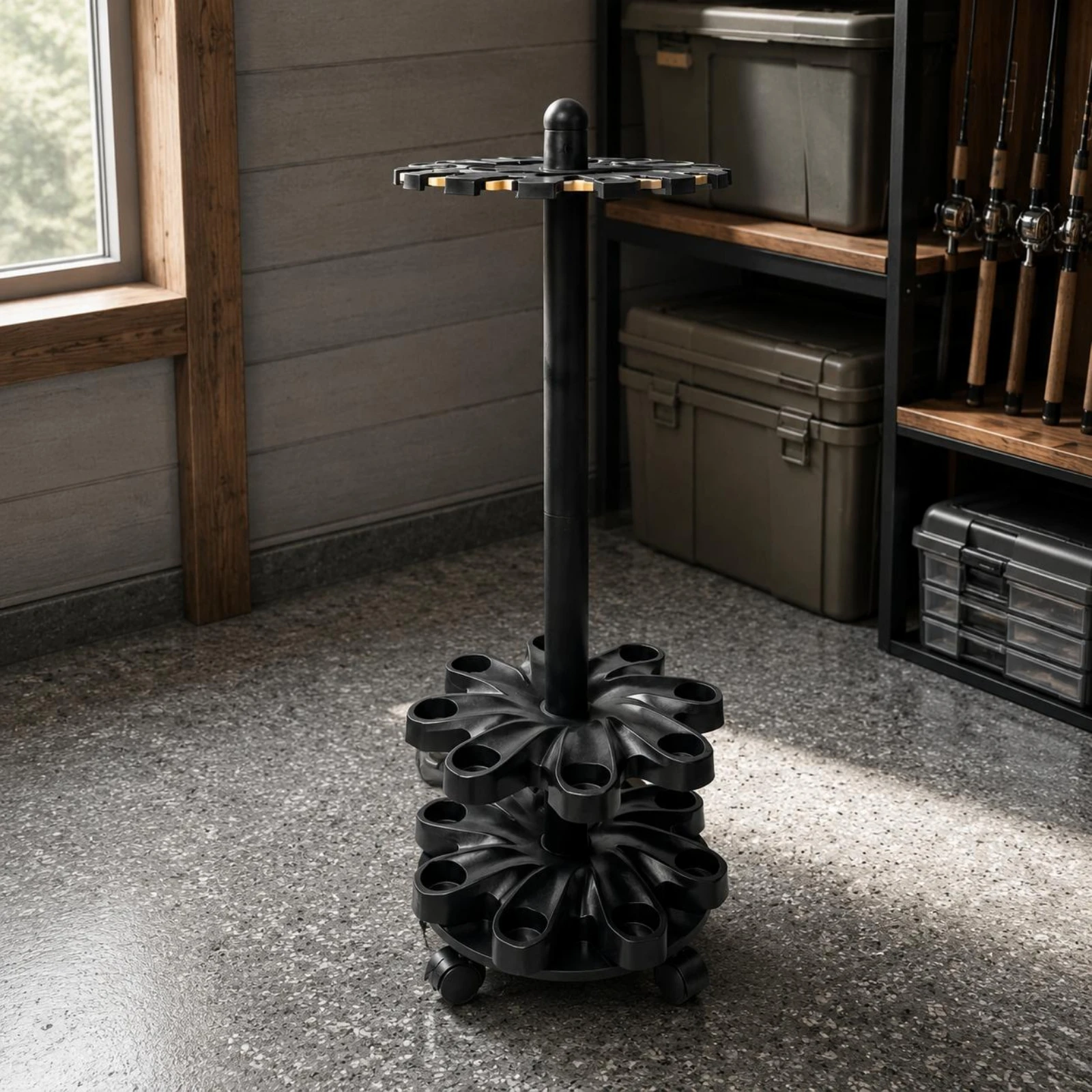 

Rotating Rod Stand Large Capacity Fishing Rod Display Stand Rotating Pool Cue Holder Space-Saving Pool Cue Rack Easy to Assemble