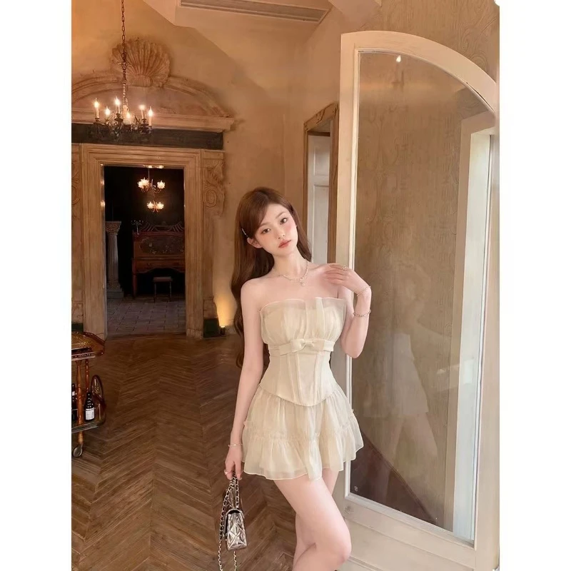 

Off Shoulder Elegant Fairy Party Two-piece Set Sweet Bow Strapless Top + High-waist Short Skirt Suit Korea Chic Clothing Women