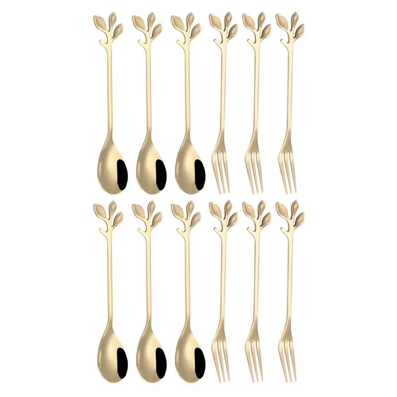 

New 12Pcs Dessert Spoon And Fork Set Stainless Steel Mixing Spoon Cake Forks For Home Kitchen Fruit