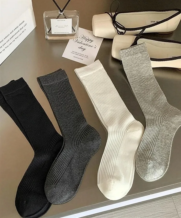 Damenmode-Socken, koreanische einfarbige, gestreifte Wadensocken, schlicht, für Frühling und Sommer, atmungsaktiv, bequem, Stapelsocken, mittelgroß bis klein – Detail 2