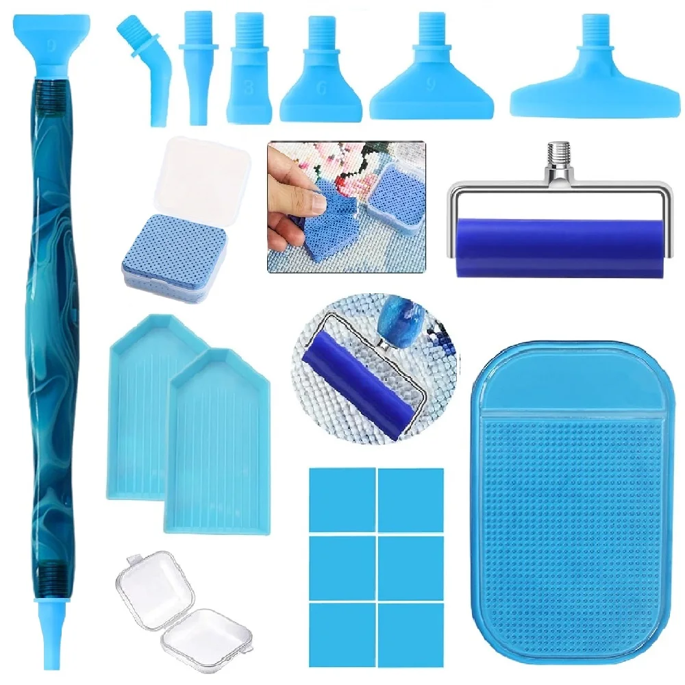 DIY diamond painting tool set, includes threaded interface elbow/1/3/6/9 scraper replacement heads, 50 cleaning cloths, with roller, storage tray, and silicone pad, suitable for adult 5D diamond painting tool accessori view 5