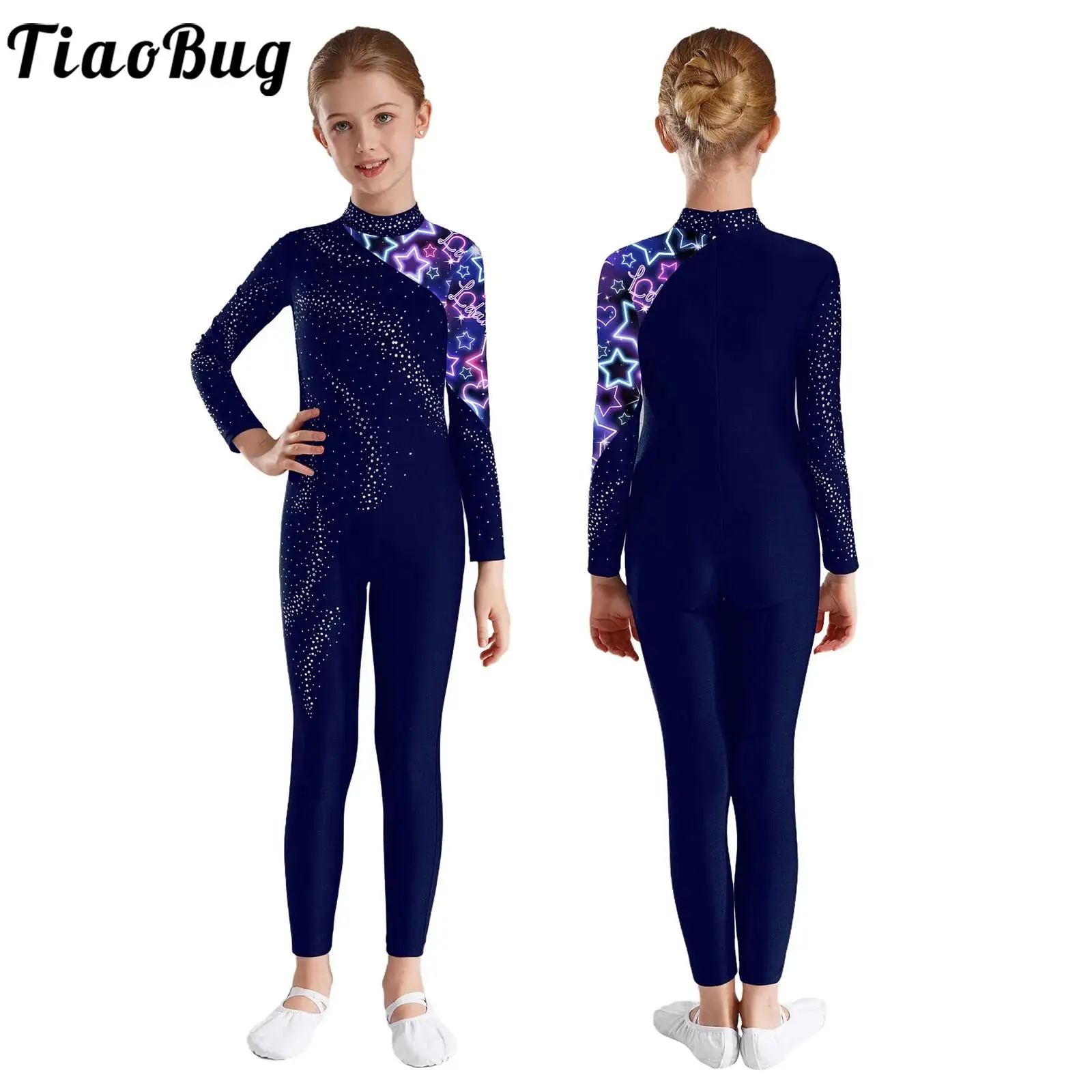 Kids Girls Figure Skating Jumpsuit Ballet Unitards Rhinestones Long Sleeve Printed Bodysuit Rhythmic Gymnastics Dance Costume