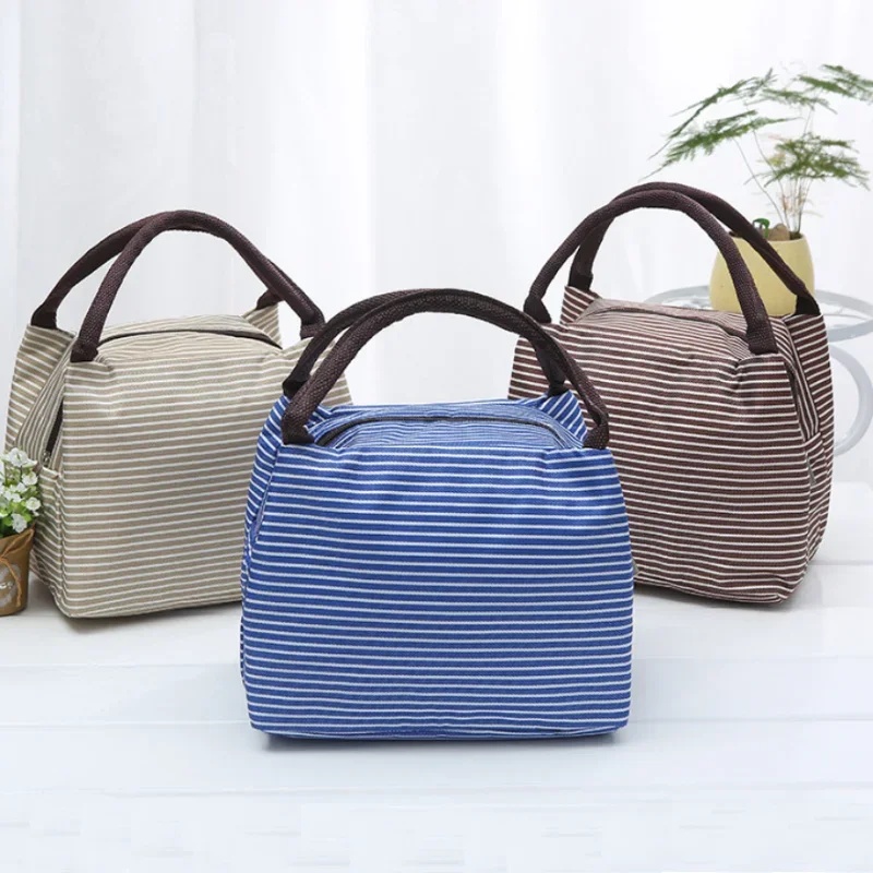 Gran oferta, bolsa de almuerzo a rayas para mujeres y niños, contenedor de almacenamiento de alimentos para Picnic con aislamiento impermeable,