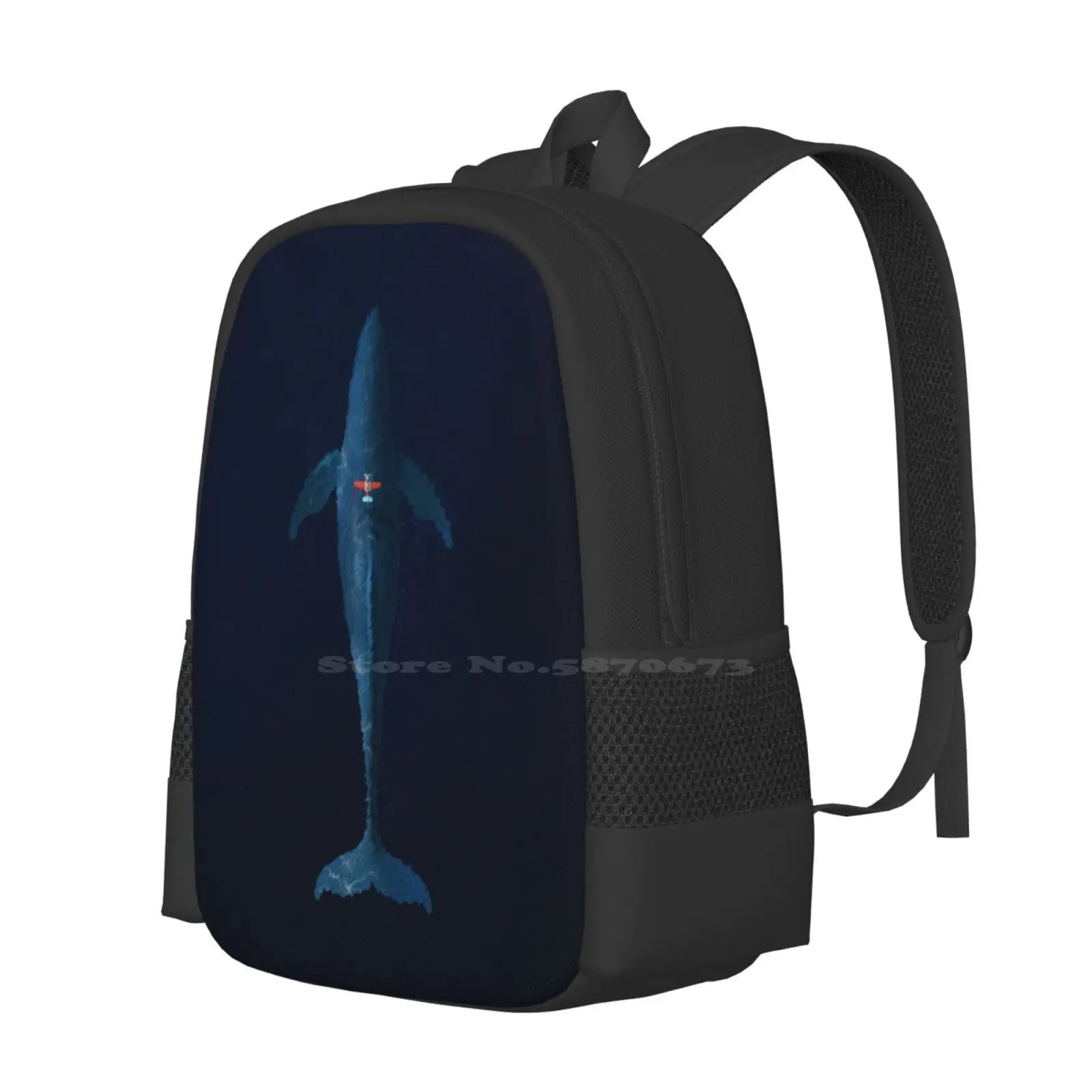 Small Plane , Big Adventures Teen College Student Backpack Pattern Design Bags Whale Adventure Sea Nature Plain Blue Fish