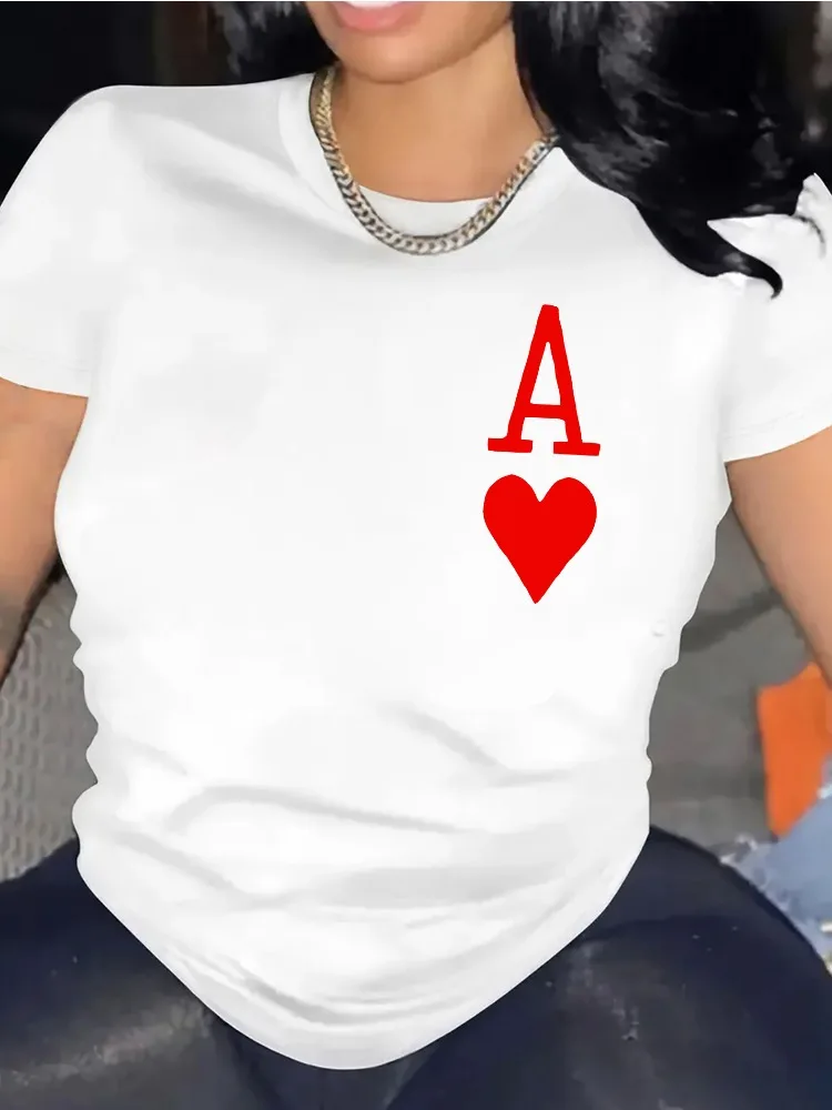 

Женская модная повседневная футболка с короткими рукавами и принтом Ace Red Heart, круглый вырез, который можно стирать в машине, четырехсезонный топ