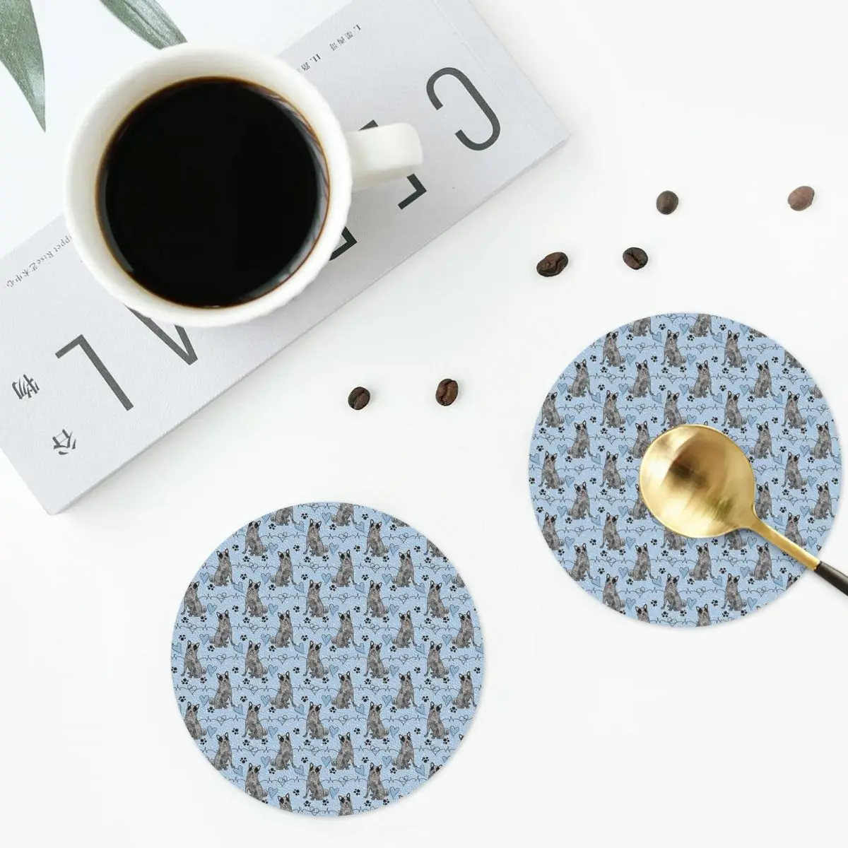 

LOVE Blue Heeler Australian Cattle Dog Coasters Kitchen Placemats Non-slip Insulation Cup Coffee Mats Tableware Pads Set of 4