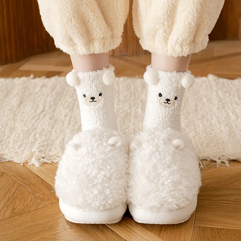 Winter Cute Bear Coral Velvet Socks for Women Warm Comfortable Fluffy Sleeping Sock Lovely Cartoon Floor Socks for Girls XKWZ12 view 3