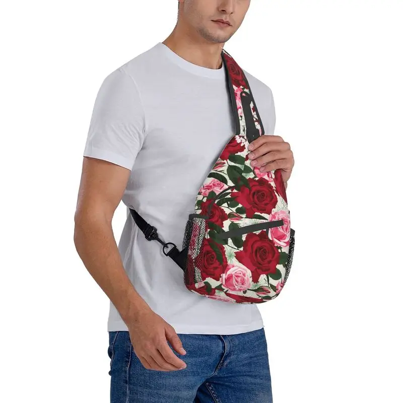 Cool Red Pink Roses Sling Crossbody Backpack Men Floral Pattern Shoulder Chest Bags for Travel Cycling