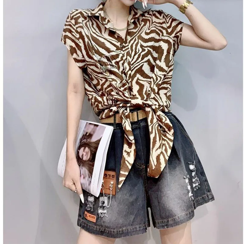 Streetwear Casual Fashion All-match Blouses Leopard High-End Temperament Korean Top Design Casual Lacing Women's Clothing Shirt