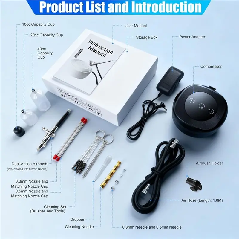 【NOW SAVE】Kit aerografo con compressore d'aria da 48 PSI 10 L/Min, set di spazzole ad aria ad alta pressione include set di pulizia da 0,3/0,5 mm e US Plu