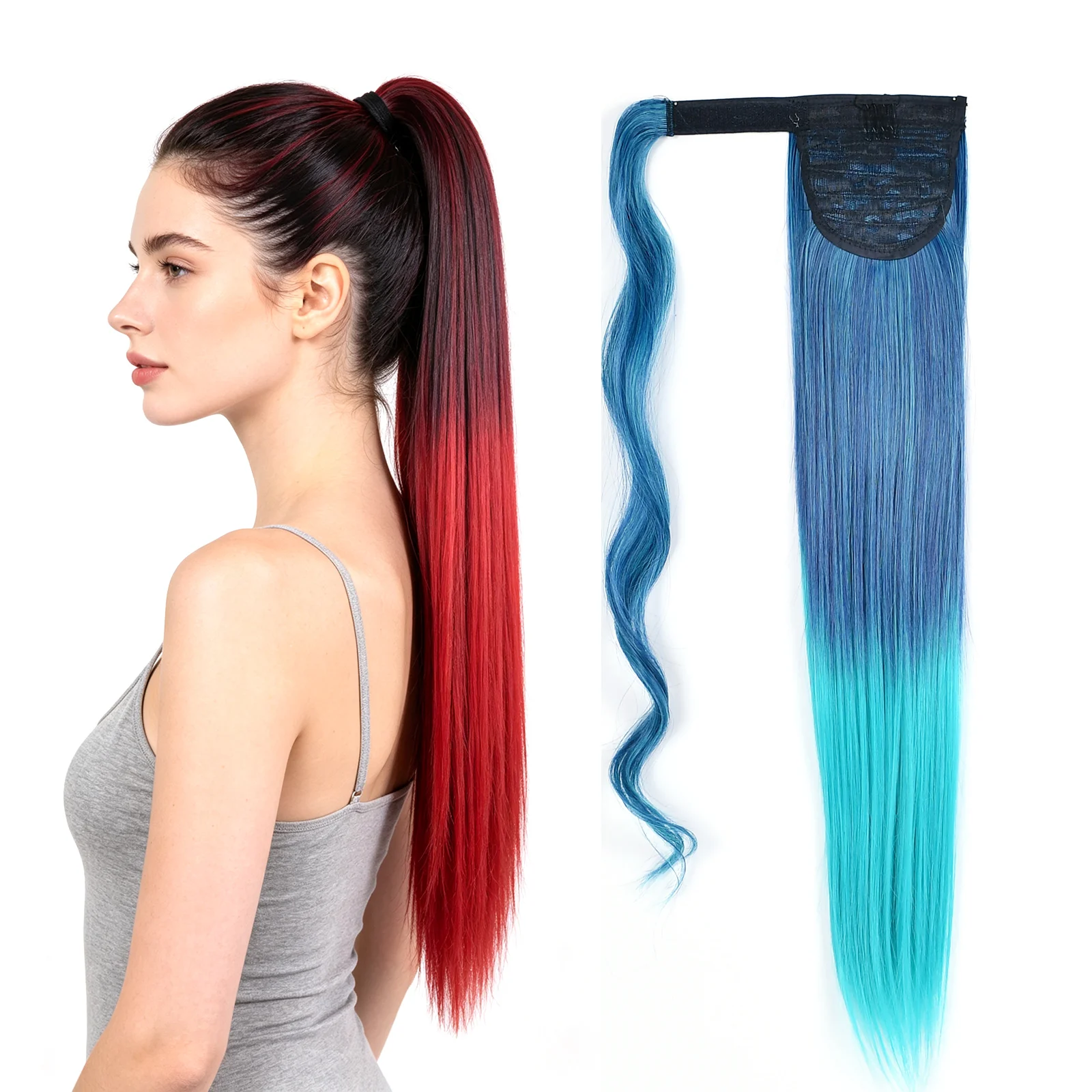 Rainbow Ombre Straight Ponytail Hair Extensions Magic Tape Wrap Around Long Synthetic Hairpiece 100g for Women Party Cosplay